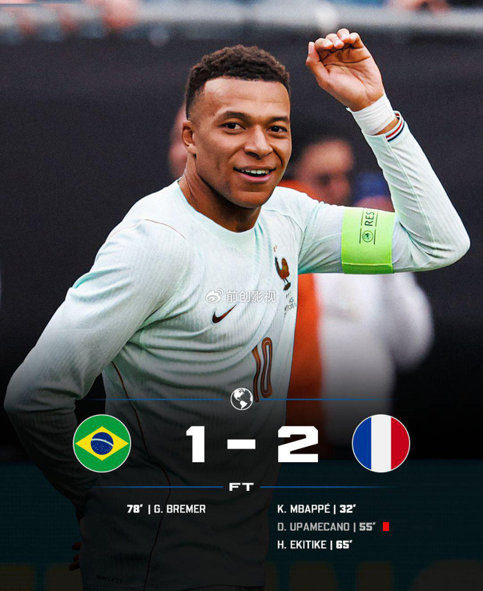 姆巴佩双响助法国逆转巴西 红牌成关键转折点